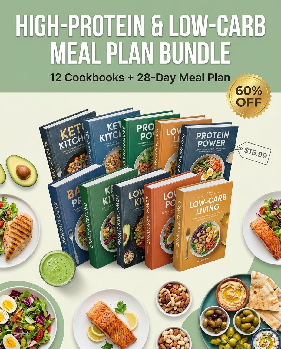 High-Protein & Low-Carb Meal Plan Bundle – 28-Day Plan + 12 Cookbooks (1,000s of Recipes)