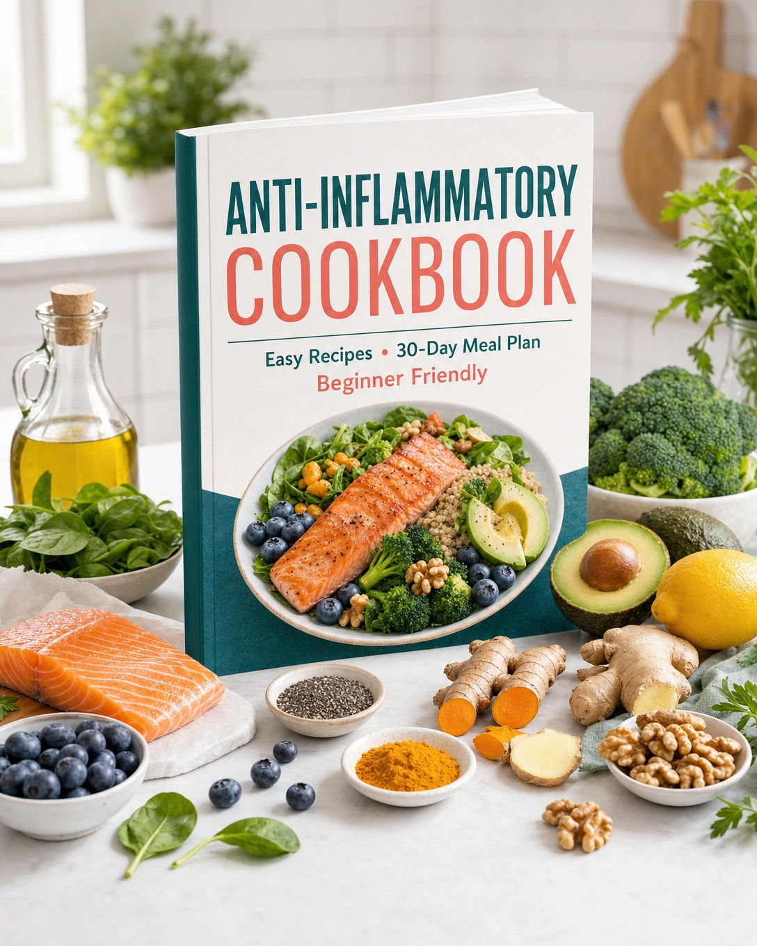 Anti-Inflammatory Cookbook product mockup surrounded by healthy ingredients including salmon, avocado, blueberries, turmeric, ginger, spinach, broccoli, walnuts, and lemon.